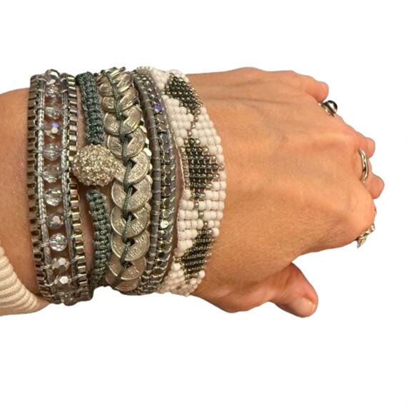 Victoria Emerson Six Strand Silver Gray Green Wrap Bracelet - Picture 3 of 8